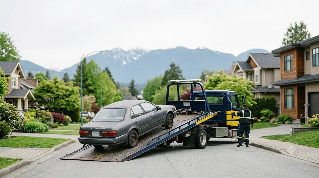 Tow truck picking up an old car for scrap removal in British Columbia, representing the ICBC scrap car insurance cancellation process